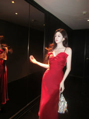 Elegant Mermaid Spaghetti Straps Red Satin Ankle Length Prom Dresses 17th Nigh Party Birthday Outfits AB2459