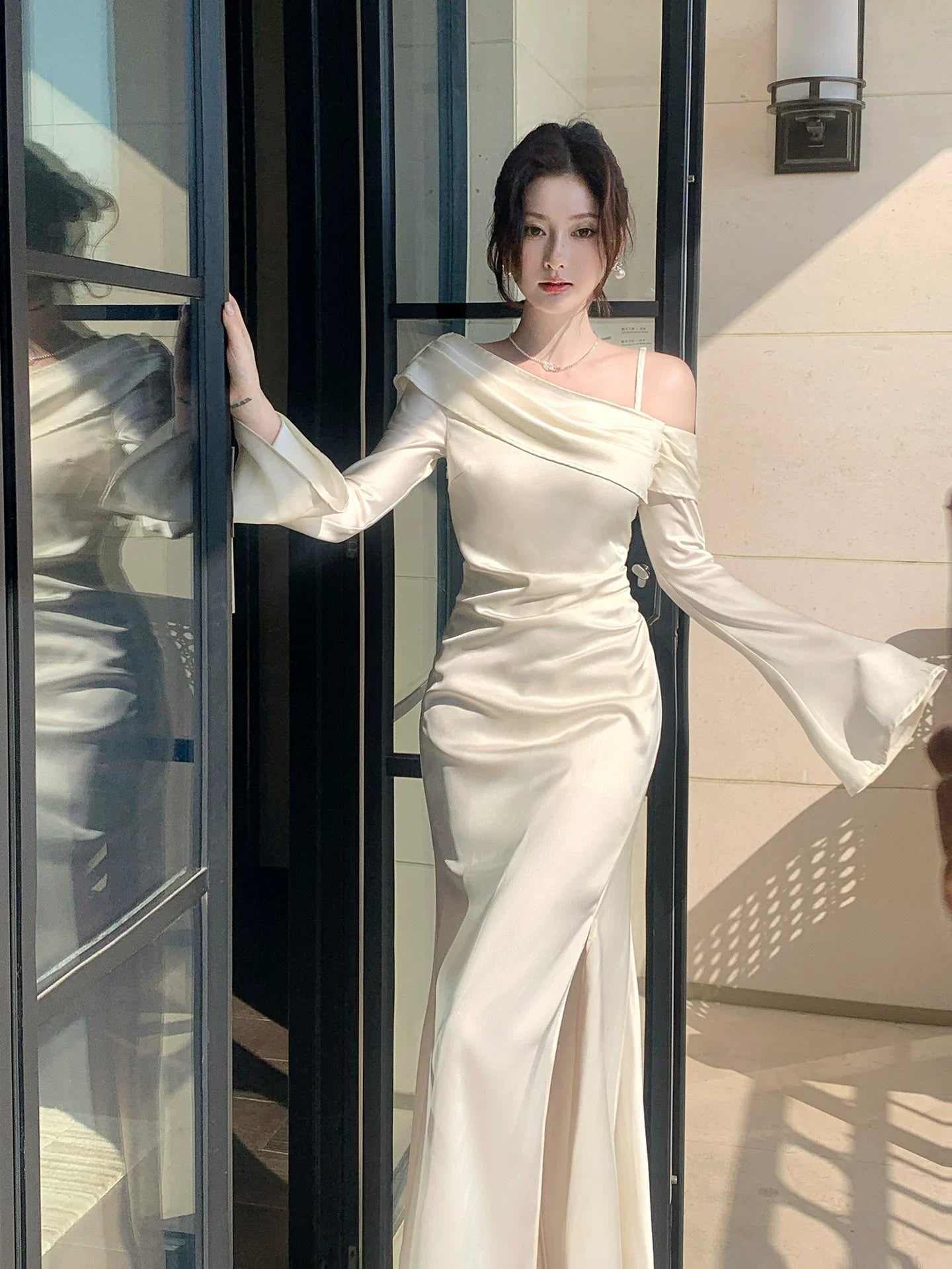 Elegant Mermaid Off The Shoulder White Silky Satin Ankle Length Prom Dresses 16th Nigh Party Birthday Outfits AB2430