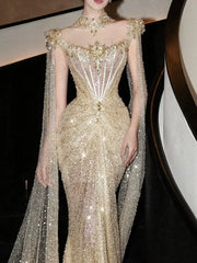 Luxurious Mermaid Evening Dress Strapless Gold Sequins Prom Dress Long Party Dress 19th Birthday Outfits AB2325