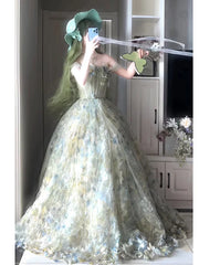 Princess Ball Gown Strapless Floral Forest Green Tulle Bodice Prom Dresses Inspiration Long Party Night Gowns 20th Birthday Outfits AB2264