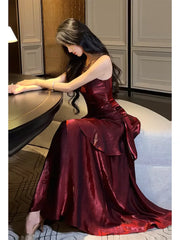 Modest Mermaid Spaghetti Straps Burgundy Wine Red Long Prom Dresses High School Teens Graduation Dance Dress 20th Birthday Outfits AB2502
