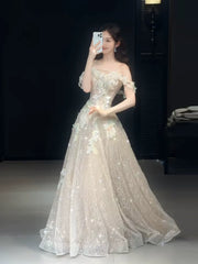 Cute A line Off The Shoulder With Cap Sleeves Sequins Champagne Long Formal Prom Dresses Dance Night Outfits Party Gowns AB2202