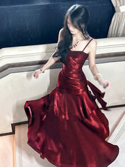 Modest Mermaid Spaghetti Straps Burgundy Wine Red Long Prom Dresses High School Teens Graduation Dance Dress 20th Birthday Outfits AB2502