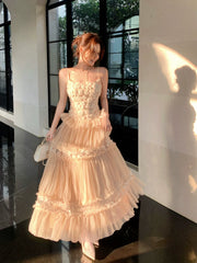 Modest A line Spaghetti Straps Pink Ankle Length Lace Prom Dresses Wedding Guest Dress 20th Party Birthday Outfits AB2434