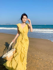 Elegant A line V Neckline Chiffon Yellow Layered Prom Dresses Long 16th Nigh Party Birthday Outfits AB2413