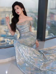 Unique Mermaid Off The Shoulder Blue Prom Dresses Inspiration Long Party Night Gowns 20th Birthday Outfits AB2246