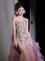 Luxury Mermaid Strapless Pink Tulle With Tiered Train Prom Dresses Inspiration Long Party Night Gowns 20th Birthday Outfits AB2235
