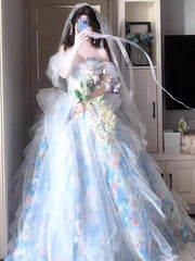 Unique Ball Gown Off The Shoulder Blue With Short Sleeves Prom Dresses Inspiration Party Night Gowns 16th Birthday Outfits AB2257
