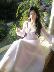 Modest A line Sweetheart Lilac Chiffon Ankle Length Long Sleeves Prom Dresses Wedding Guest Dress 20th Party Birthday Outfits AB2439