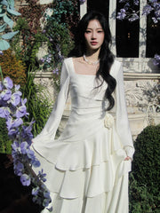 Modest Mermaid Square Neck Ivory Satin Long Sleeves Prom Dresses Wedding Guest Dress 16th Birthday Outfits AB2448