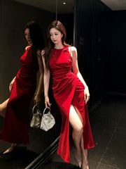 Elegant Sheath Scoop Red Satin Slit Ankle Length Prom Dresses 17th Nigh Party Birthday Outfits AB2461