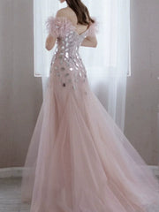 Elegant Mermaid Off The Shoulder Pink Tulle Prom Dresses Inspiration Long Party Evening Dress 19th Birthday Outfits AB2304