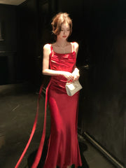 Elegant Mermaid Spaghetti Straps Red Satin Sleeveless Long Prom Dresses 16th Nigh Party Birthday Outfits AB2437