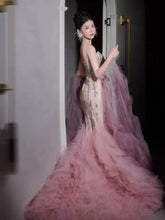 Luxury Mermaid Strapless Pink Tulle With Tiered Train Prom Dresses Inspiration Long Party Night Gowns 20th Birthday Outfits AB2235