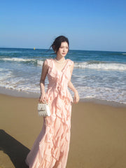 Simple A line V Neckline Chiffon Coral Pink Prom Dresses Long 16th Birthday Outfits AB2412