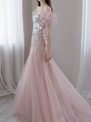 Elegant Mermaid Off The Shoulder Pink Tulle Prom Dresses Inspiration Long Party Evening Dress 19th Birthday Outfits AB2304