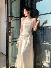Elegant A line Spaghetti Straps Ivory With Pleated Sleeveless Long Prom Dresses 16th Nigh Party Birthday Outfits AB2441