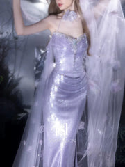 Modest Mermaid Strapless Lilac With Slit Sequins Prom Dresses Inspiration Long Party Evening Dress 21st Birthday Outfits AB2288