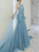 Modest Mermaid High Neck Tulle Blue With Split Prom Dresses Inspiration Long Party Evening Dress 19th Birthday Outfits AB2277