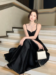 Modest A line Spaghetti Straps Black Satin Prom Dresses Wedding Guest Dress 16th Party Birthday Outfits AB2428
