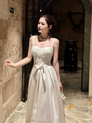 Modest A line Sweetheart Ivory Satin Lace Prom Dresses Wedding Guest Dress 20th Party Birthday Outfits AB2433