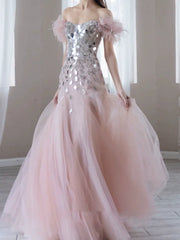 Elegant Mermaid Off The Shoulder Pink Tulle Prom Dresses Inspiration Long Party Evening Dress 19th Birthday Outfits AB2304