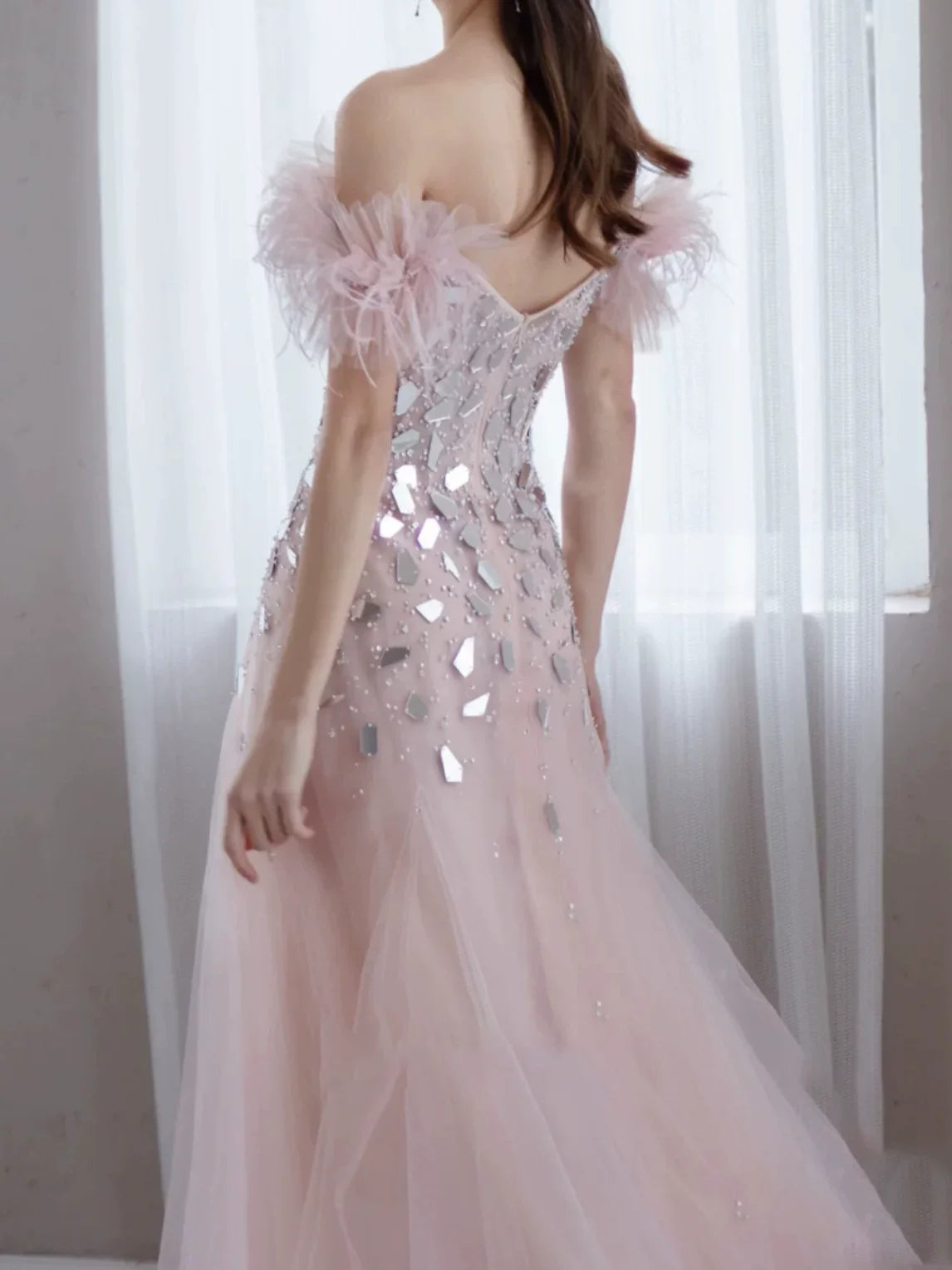 Elegant Mermaid Off The Shoulder Pink Tulle Prom Dresses Inspiration Long Party Evening Dress 19th Birthday Outfits AB2304