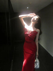 Elegant Mermaid Spaghetti Straps Red Satin Ankle Length Prom Dresses 17th Nigh Party Birthday Outfits AB2459