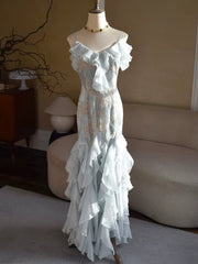 Vintage 1960s Mermaid Spaghetti Straps Light Sky Blue Chiffon Prom Dresses Inspiration Long Party Dress 18th Birthday Outfits AB2388