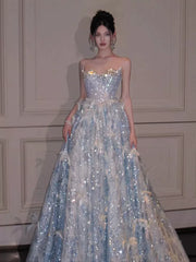Luxury Ball Gown Strapless Light Blue Sequins With Beads Prom Dresses Inspiration Long Party Night Gowns 20th Birthday Outfits AB2234