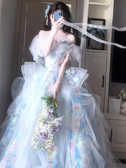 Unique Ball Gown Off The Shoulder Blue With Short Sleeves Prom Dresses Inspiration Party Night Gowns 16th Birthday Outfits AB2257