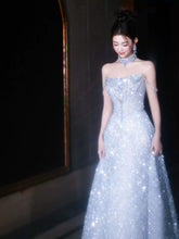 Princess A line Strapless Blue Sequins Prom Dresses Inspiration Long Party Night Gowns 20th Birthday Outfits AB2251