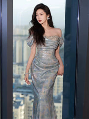 Unique Mermaid Off The Shoulder Blue Prom Dresses Inspiration Long Party Night Gowns 20th Birthday Outfits AB2246