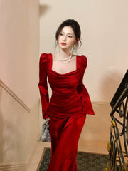 Modest Mermaid Square Neck Red Satin Long Sleeves Prom Dresses Wedding Guest Dress Birthday Outfits AB2445