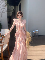 Simple A line V Neckline Chiffon Coral Pink Prom Dresses Long 16th Birthday Outfits AB2412