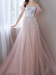Elegant Mermaid Off The Shoulder Pink Tulle Prom Dresses Inspiration Long Party Evening Dress 19th Birthday Outfits AB2304