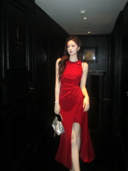 Elegant Sheath Scoop Red Satin Slit Ankle Length Prom Dresses 17th Nigh Party Birthday Outfits AB2461