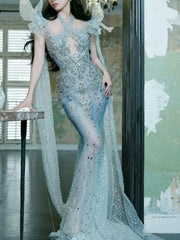 Sparkly Mermaid Halter Blue Sequins With Beaded Prom Dresses Inspiration Long Party Night Gowns 20th Birthday Outfits AB2296