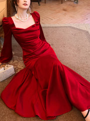 Modest Mermaid Square Neck Red Satin Long Sleeves Prom Dresses Wedding Guest Dress Birthday Outfits AB2445