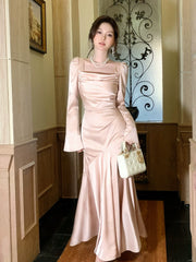 Modest Mermaid Square Neck Pink Satin Long Sleeves Prom Dresses Wedding Guest Dress 16th Birthday Outfits AB2446