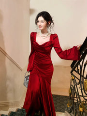 Modest Mermaid Square Neck Red Satin Long Sleeves Prom Dresses Wedding Guest Dress Birthday Outfits AB2445