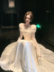 Modest A line Off The Shoulder Lace White Long Sleeves Prom Dresses Wedding Guest Dress Birthday Outfits AB2440