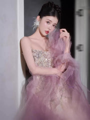 Luxury Mermaid Strapless Pink Tulle With Tiered Train Prom Dresses Inspiration Long Party Night Gowns 20th Birthday Outfits AB2235
