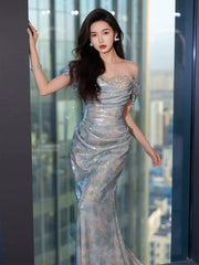 Unique Mermaid Off The Shoulder Blue Prom Dresses Inspiration Long Party Night Gowns 20th Birthday Outfits AB2246