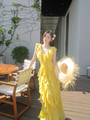 Elegant A line V Neckline Chiffon Yellow Layered Prom Dresses Long 16th Nigh Party Birthday Outfits AB2413