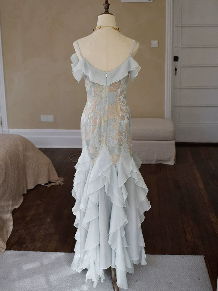 Vintage 1960s Mermaid Spaghetti Straps Light Sky Blue Chiffon Prom Dresses Inspiration Long Party Dress 18th Birthday Outfits AB2388