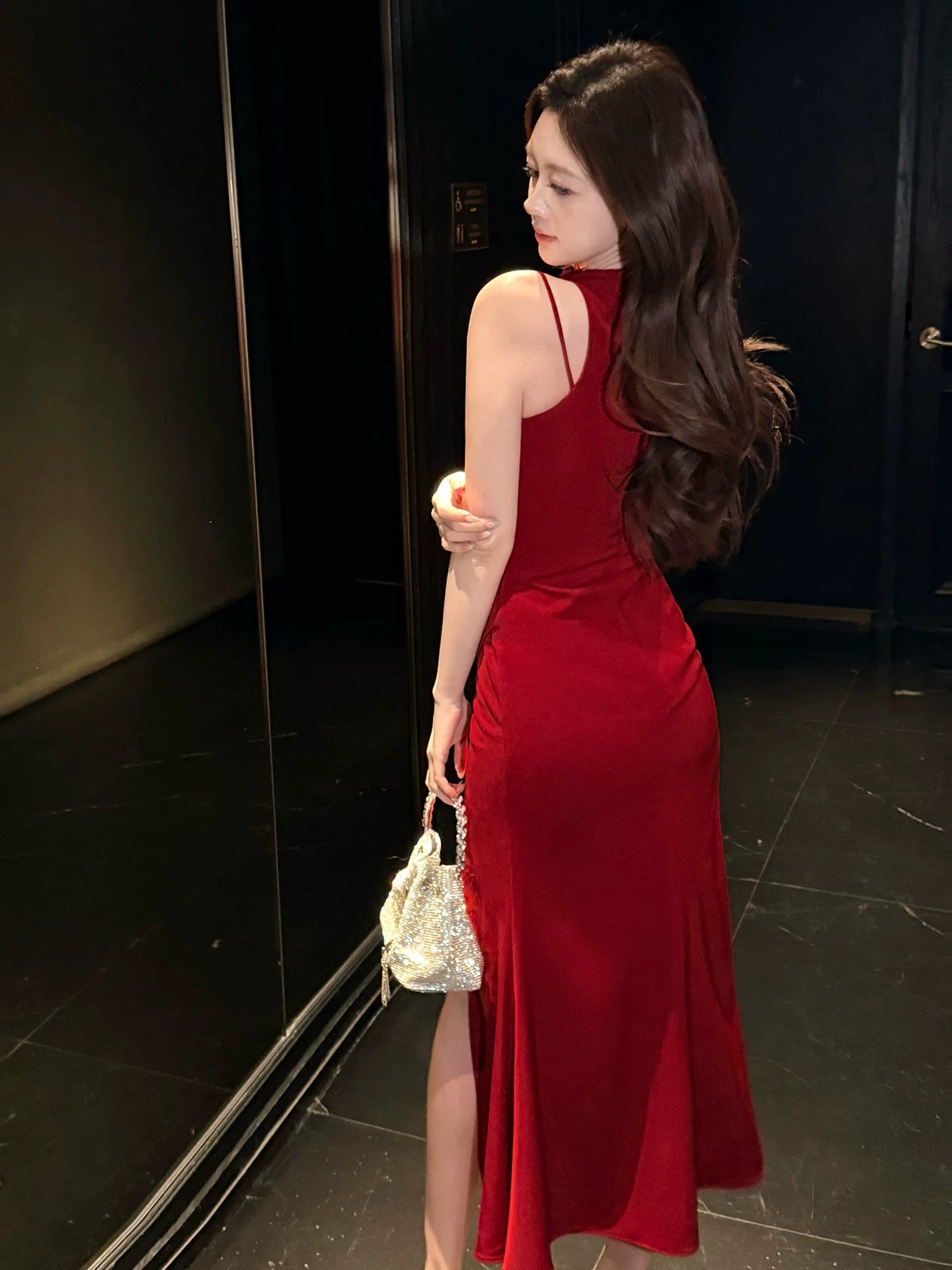 Elegant Sheath Scoop Red Satin Slit Ankle Length Prom Dresses 17th Nigh Party Birthday Outfits AB2461