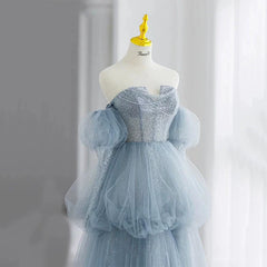 Modest Ball Gown Off The Shoulder Dusty Blue Tulle Prom Dresses Inspiration Long Party Night Evening Dress 20th Birthday Outfits AB2331