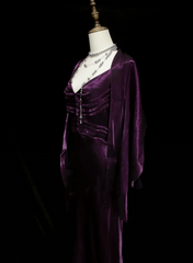 Chic Formal Mermaid Spaghetti Strap Purple Satin With Cape Style Impress Long Prom Dresses Party Gowns OB032