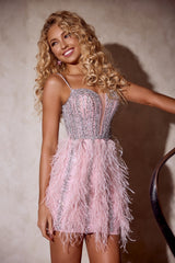 Portia and Scarlett PS24903 Short Beadwork Feather Homecoming Dress